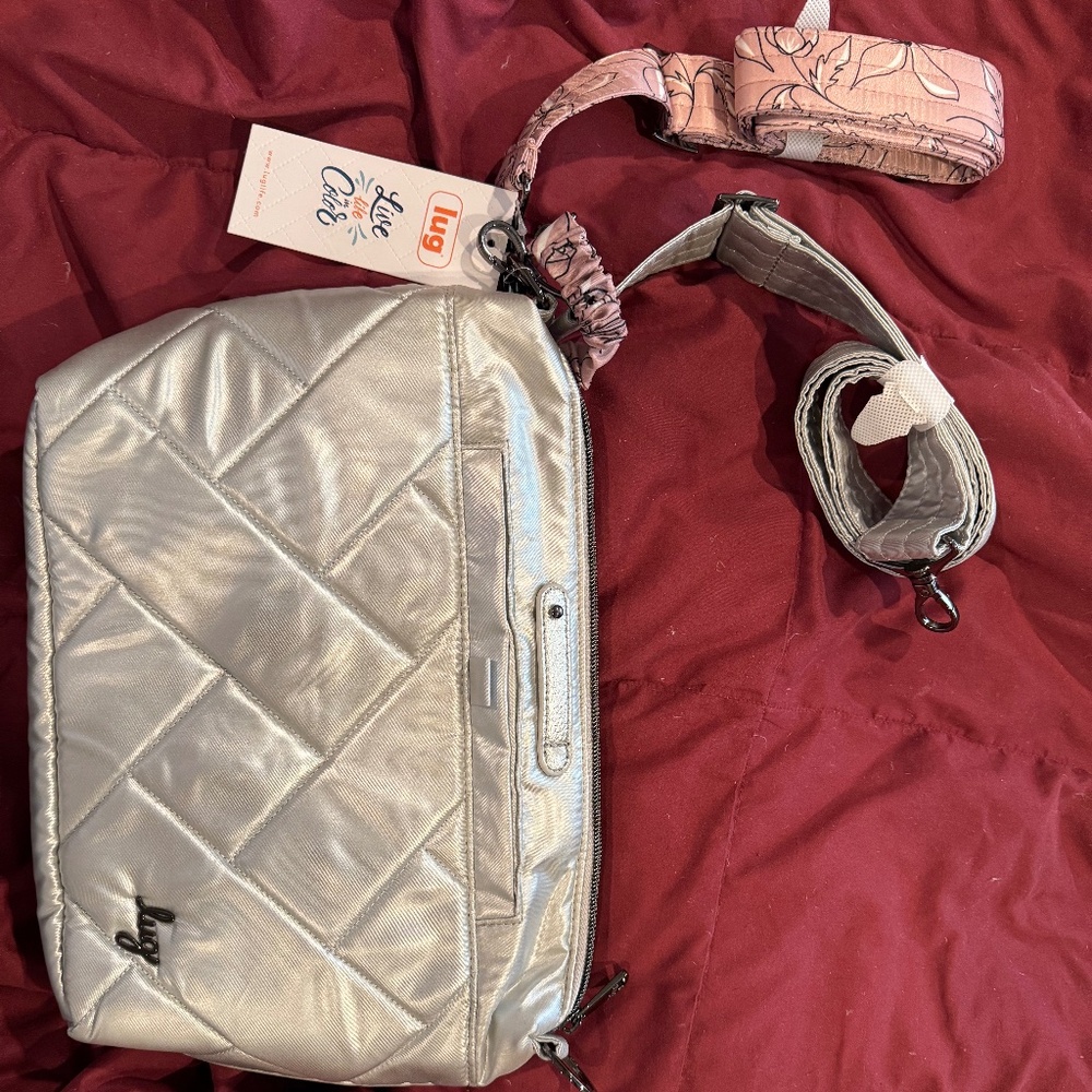Lug Flare2 Crossbody Bag Metallic Silver Floral Strap Interchangeable Straps NEW